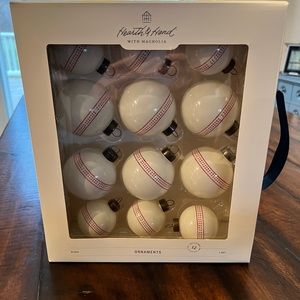 NIB Hearth and Hand With Magnolia set of 12 glass red/cream Christmas ornaments